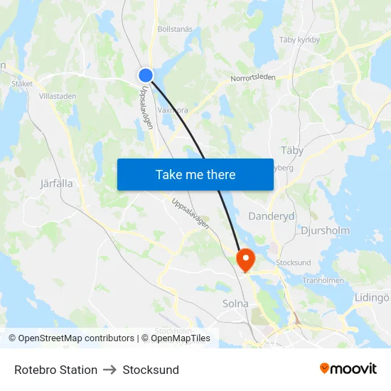 Rotebro Station to Stocksund map