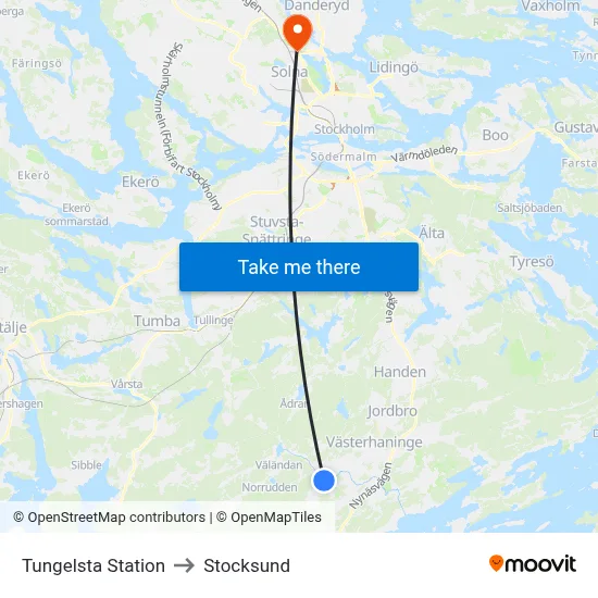 Tungelsta Station to Stocksund map