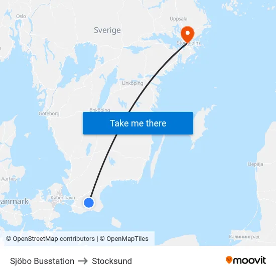 Sjöbo Busstation to Stocksund map