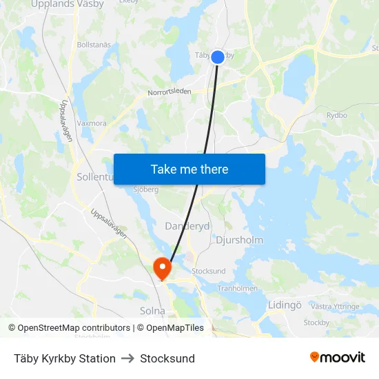 Täby Kyrkby Station to Stocksund map