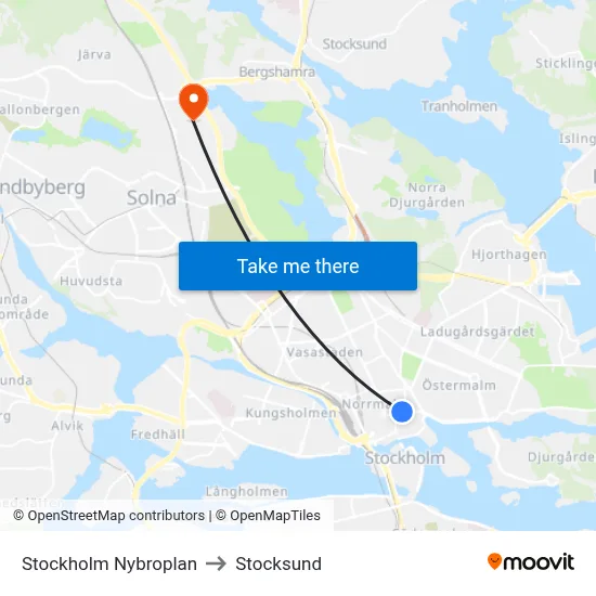 Stockholm Nybroplan to Stocksund map