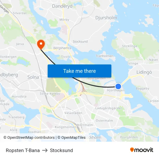 Ropsten T-Bana to Stocksund map