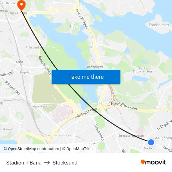Stadion T-Bana to Stocksund map