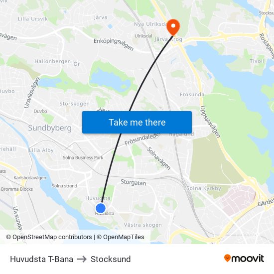 Huvudsta T-Bana to Stocksund map