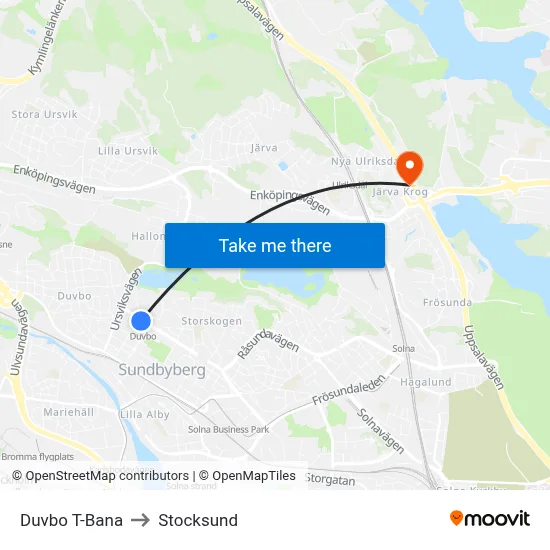 Duvbo T-Bana to Stocksund map