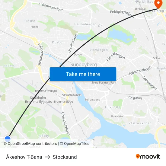 Åkeshov T-Bana to Stocksund map