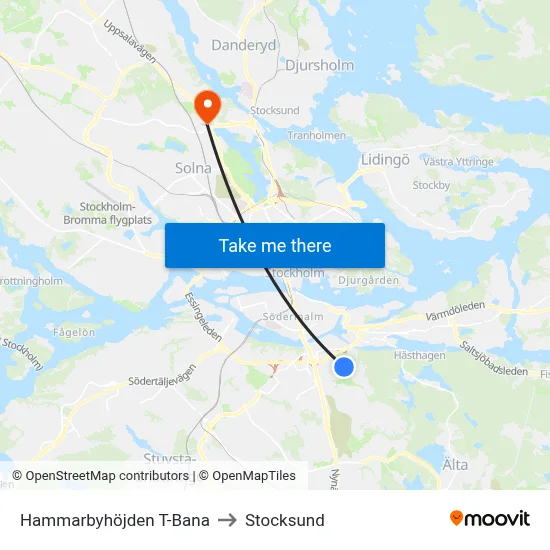 Hammarbyhöjden T-Bana to Stocksund map