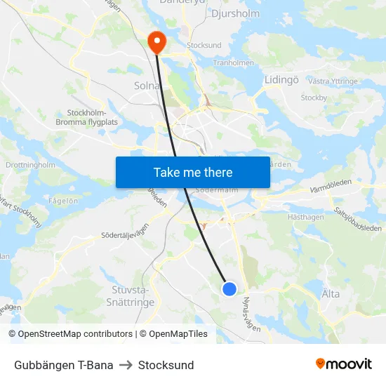 Gubbängen T-Bana to Stocksund map