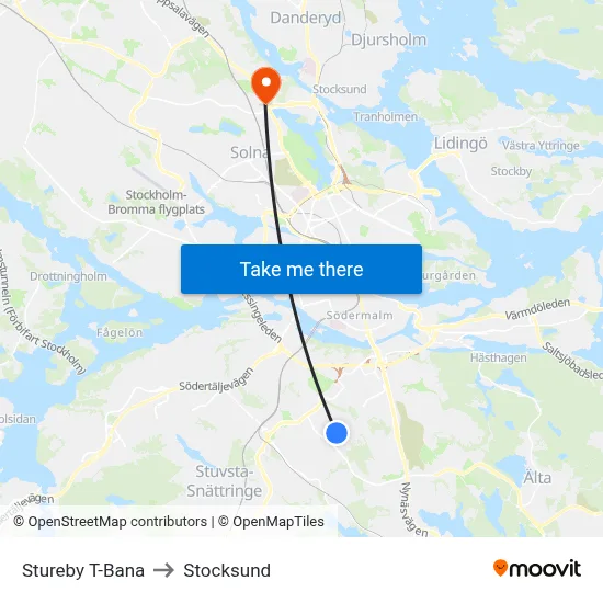 Stureby T-Bana to Stocksund map