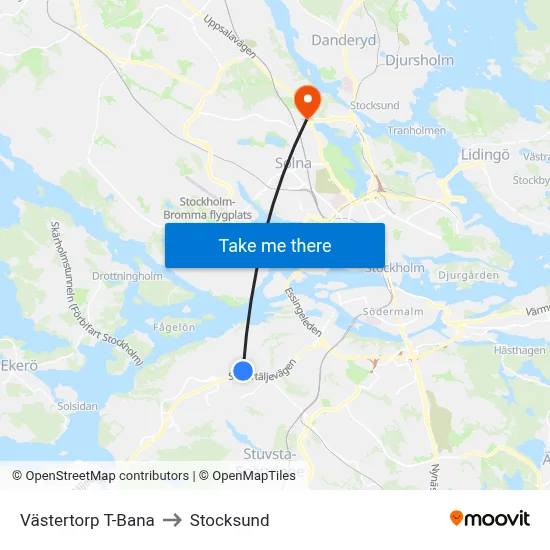 Västertorp T-Bana to Stocksund map