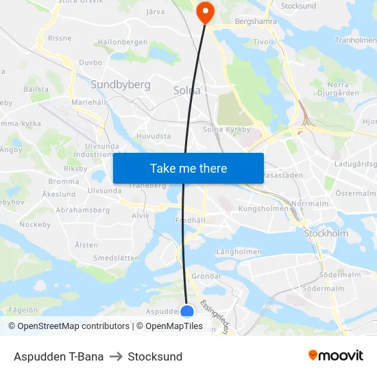 Aspudden T-Bana to Stocksund map