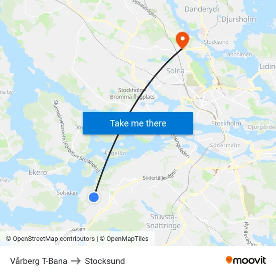 Vårberg T-Bana to Stocksund map