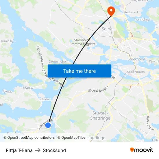 Fittja T-Bana to Stocksund map