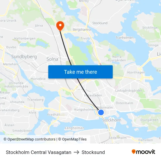 Stockholm Central Vasagatan to Stocksund map