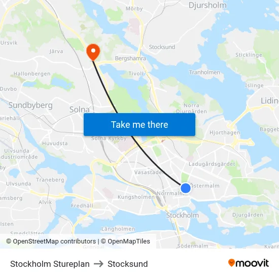 Stockholm Stureplan to Stocksund map