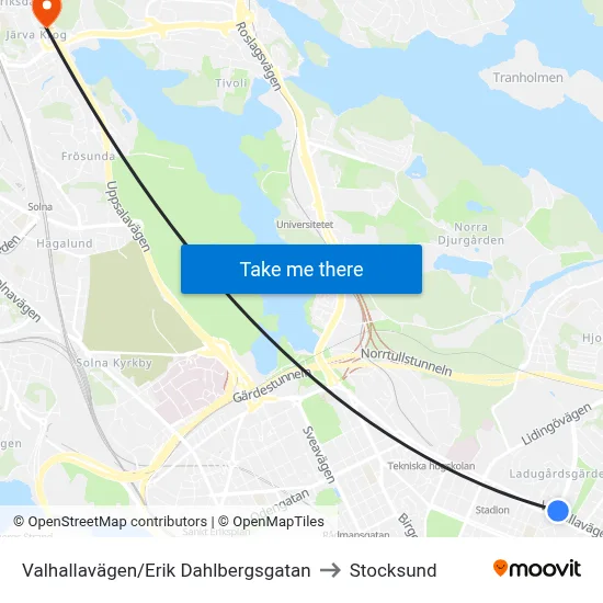 Valhallavägen/Erik Dahlbergsgatan to Stocksund map