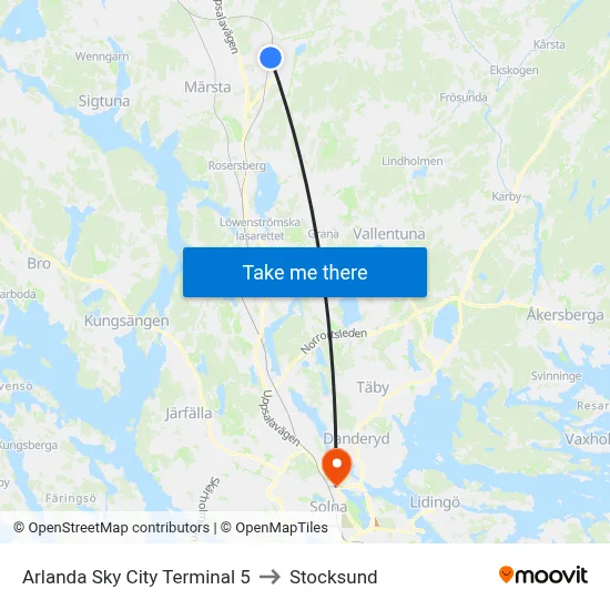 Arlanda Sky City Terminal 5 to Stocksund map
