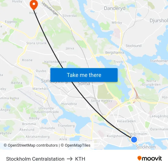 Stockholm Centralstation to KTH map