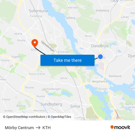 Mörby Centrum to KTH map