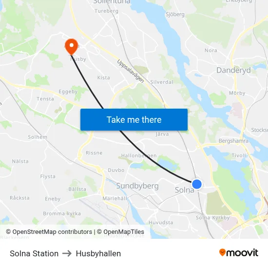 Solna Station to Husbyhallen map