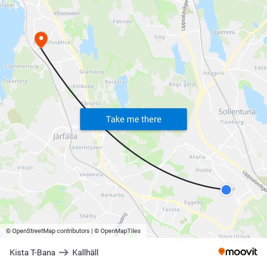 Kista T-Bana to Kallhäll map