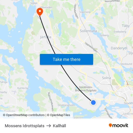 Mossens Idrottsplats to Kallhäll map