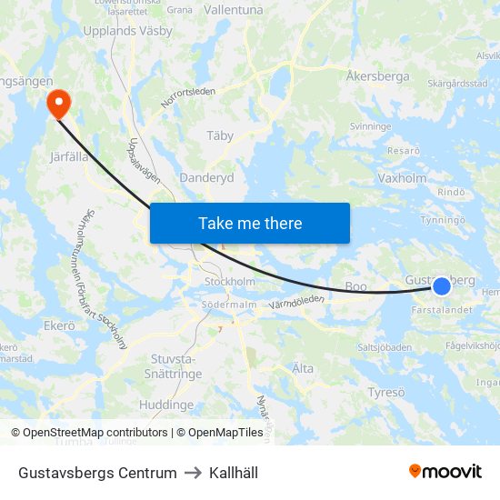 Gustavsbergs Centrum to Kallhäll map