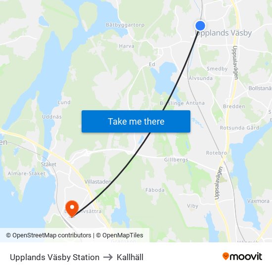 Upplands Väsby Station to Kallhäll map