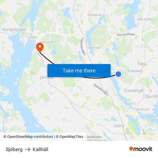 Sjöberg to Kallhäll map