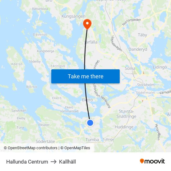 Hallunda Centrum to Kallhäll map