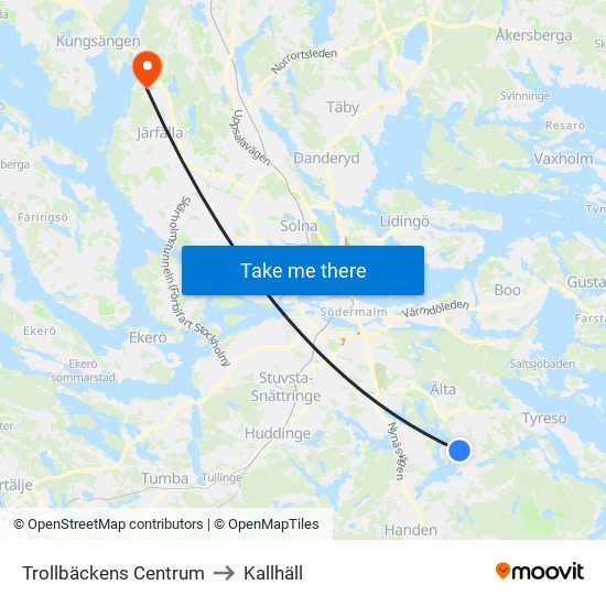 Trollbäckens Centrum to Kallhäll map