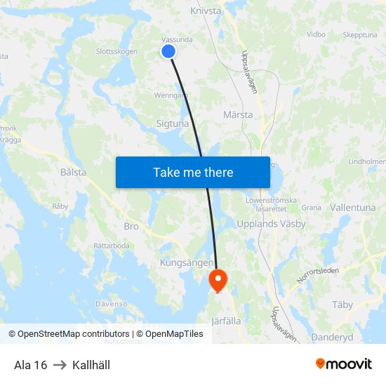 Ala 16 to Kallhäll map