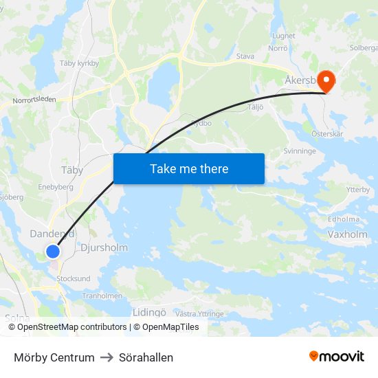 Mörby Centrum to Sörahallen map