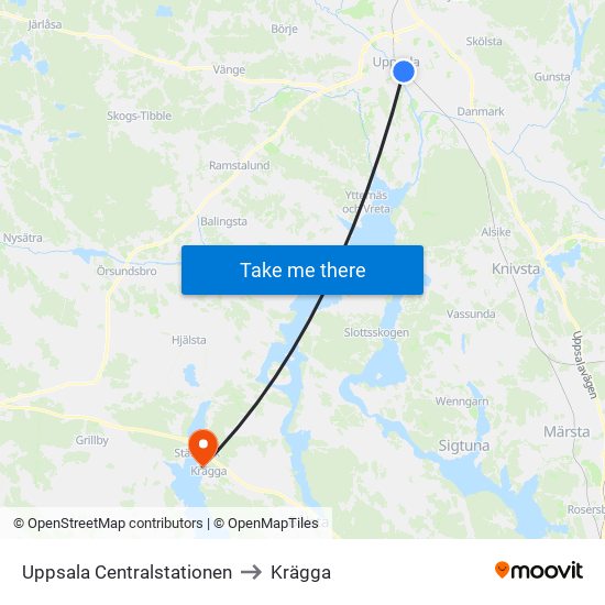 Uppsala Centralstationen to Krägga map