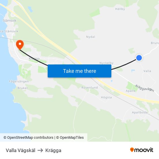 Valla Vägskäl to Krägga map