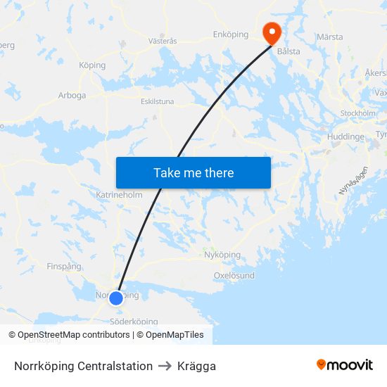 Norrköping Centralstation to Krägga map