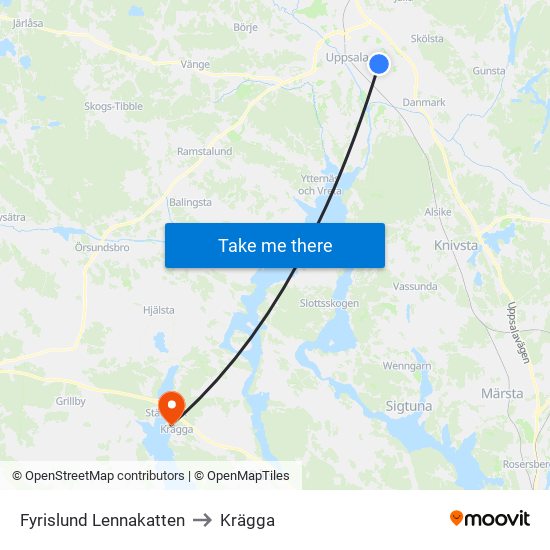 Fyrislund Lennakatten to Krägga map