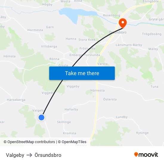 Valgeby to Örsundsbro map
