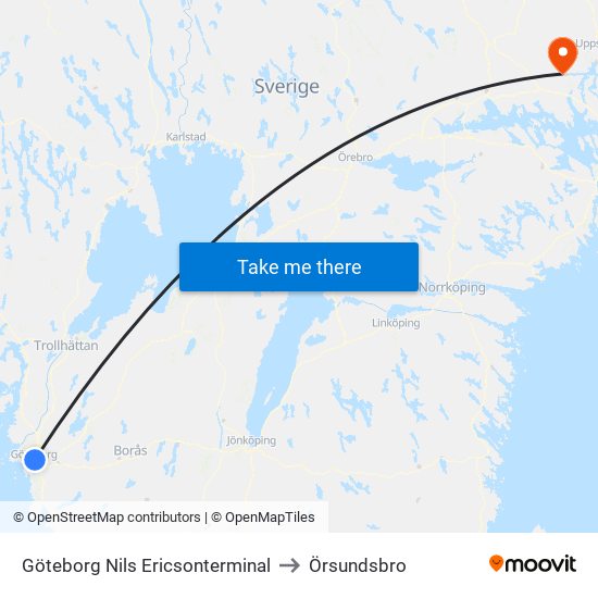Göteborg Nils Ericsonterminal to Örsundsbro map