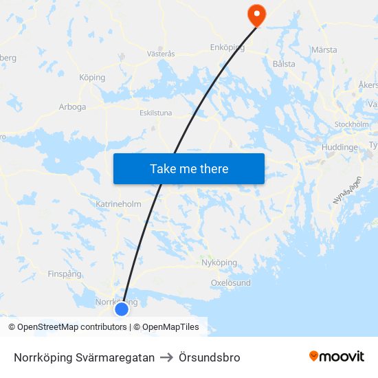 Norrköping Svärmaregatan to Örsundsbro map