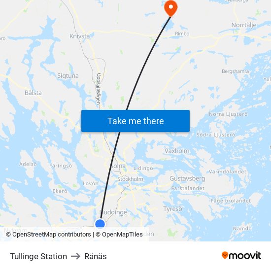 Tullinge Station to Rånäs map