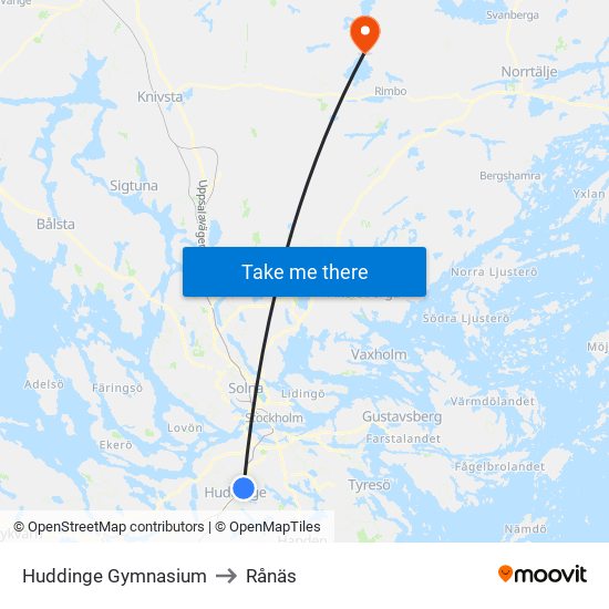 Huddinge Gymnasium to Rånäs map