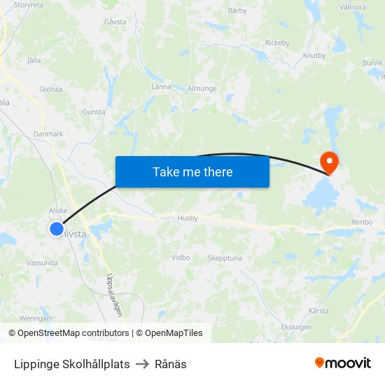 Lippinge Skolhållplats to Rånäs map