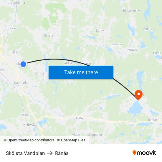 Skölsta Vändplan to Rånäs map