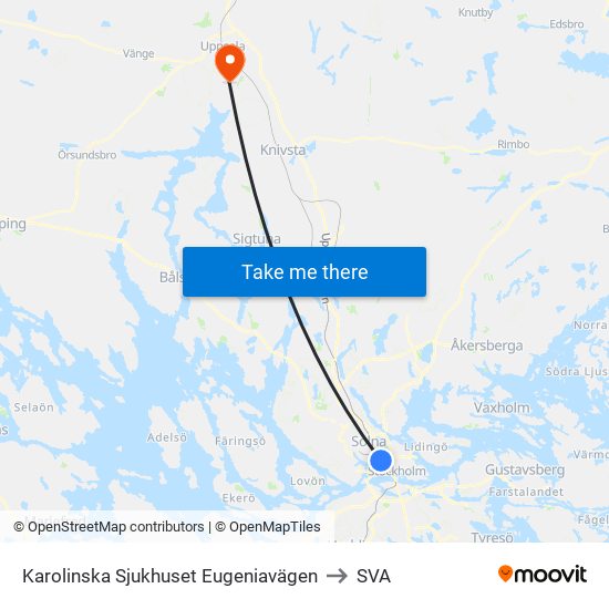 Karolinska Sjukhuset Eugeniavägen to SVA map