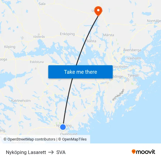 Nyköping Lasarett to SVA map