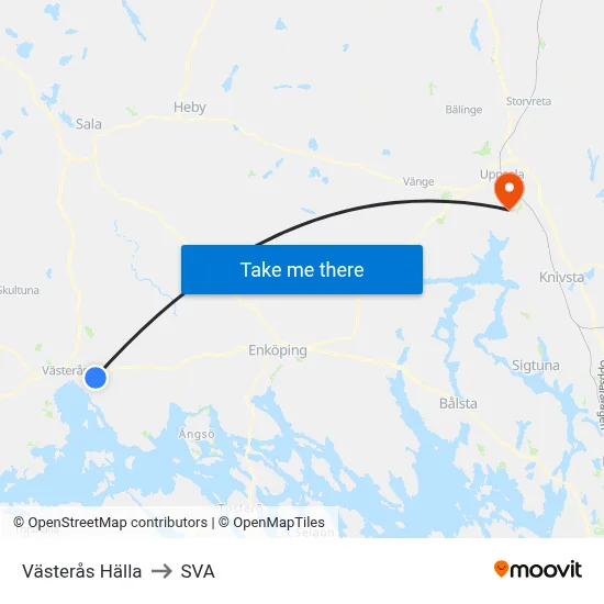 Västerås Hälla to SVA map