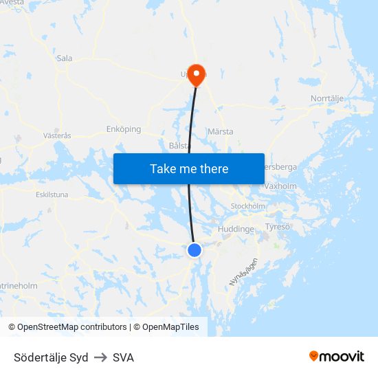 Södertälje Syd to SVA map