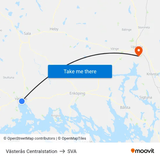 Västerås Centralstation to SVA map