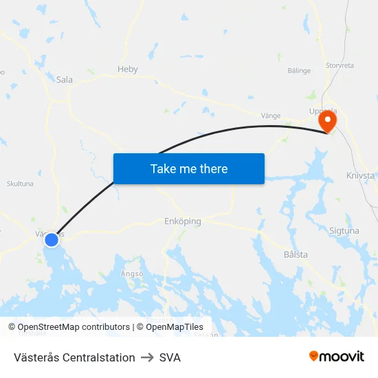 Västerås Centralstation to SVA map